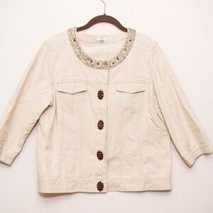 J Jill petite MP womens jacket blazer cardigan beaded ivory linen blend cottage